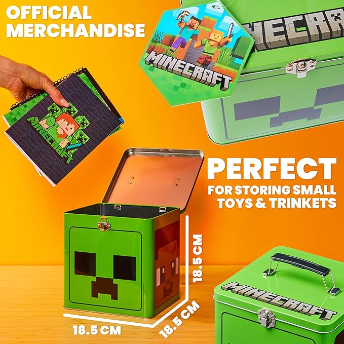 Minecraft Cookie Tin for Kids and Teenagers, Metal Clasp 7 x 7 Decorative Storage Cookie Jar - Gifts for Gamers
