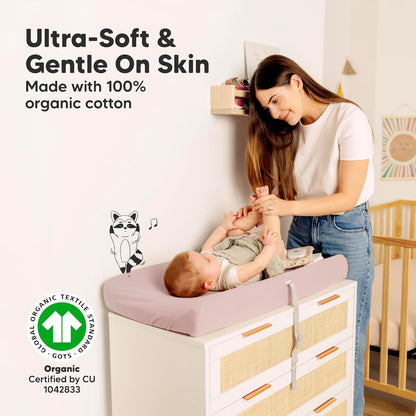 2-Pack Organic Changing Pad Covers for Girl, Boy, Neutral - 100% Cotton Changing Table Pad Cover, Soft Baby Nursery Diaper Changing Pad Sheets, Contour Changing Pads Liners, Change Pad Cover (Pastel)