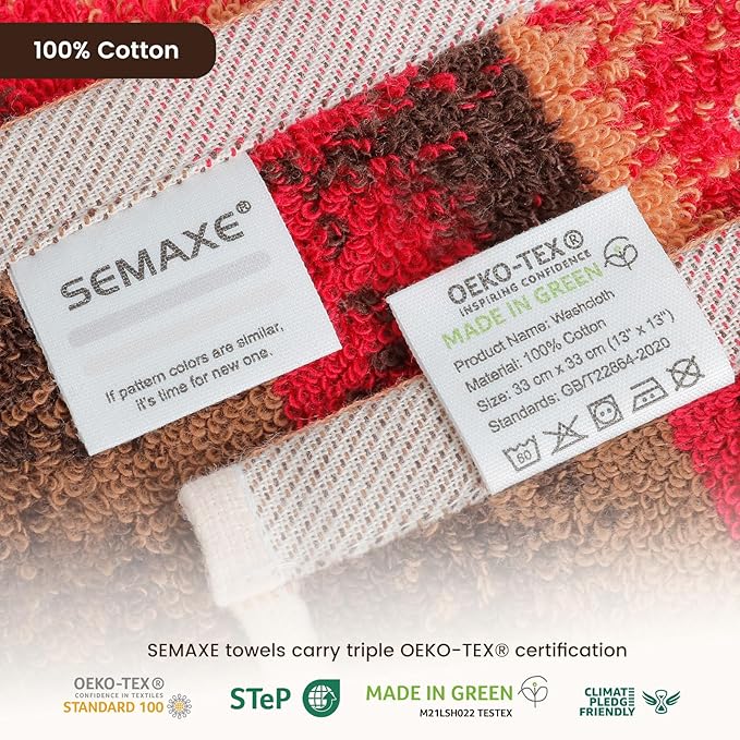 SEMAXE 100% Cotton Washcloths for Bathroom - 24 Pack, Quick-Dry Face Towels with Hanging Loop, Highly Absorbent and Soft, 13x13 Inch, Pink | Brown | Red