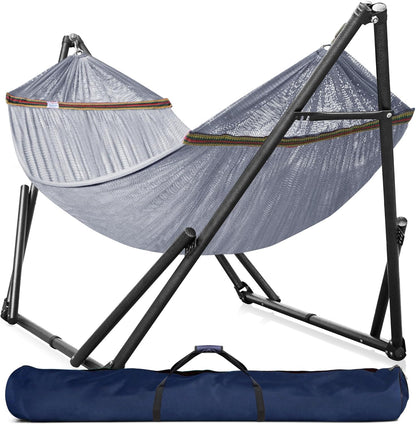 Tranquillo Universal Double Hammock with Stand Included for 2 Persons/Foldable Hammock Stand 600 lbs Capacity Portable Case - Inhouse, Outdoor, Camping, Grey