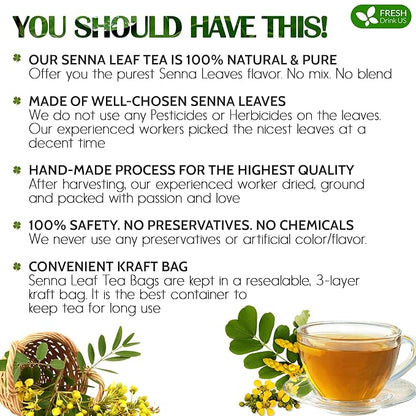 FreshDrinkUS, Premium 135 Senna Leaf Tea Bags for Constipation, Supports Your Cardiovascular System, 100% Natural & Pure. Loose Leaf Senna Herbal Tea, Made with Natural Material Tea Bags. Non GMO, No Sugar/ Caffeine/ Gluten, Vegan.