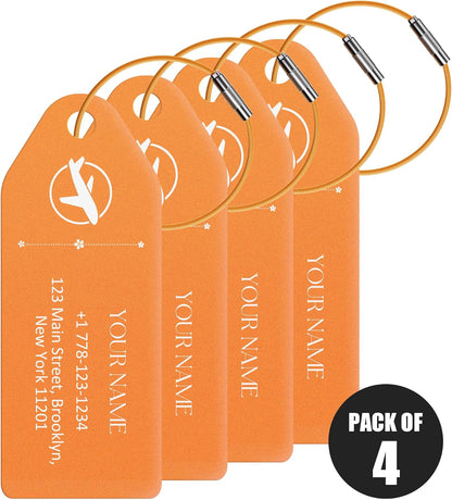 4 PCS Personalized Metal Luggage Tag – Personalized Engraved Suitcase Tag, Backpack Tag, with Matching Color Strap, Waterproof Suitcase Name Badge – Ideal Corporate Gift & Travel Accessory (Orange)