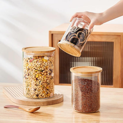 Glass Storage Containers with Wooden Lids, Airtight Jar for Kitchen Countertop Set of 3, Pantry Flour and Sugar Canisters for Candy, Cookie, Rice, Coffee Beans, Snacks, Spices