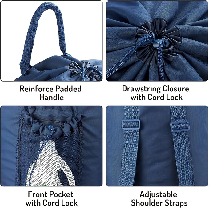 Laundry Bag Backpack with Detergent Holder and Adjustable Shoulder Straps, Clothes Laundry Backpack for College, Travel, Apartment, Laundromat, Dorm Room (Blue)