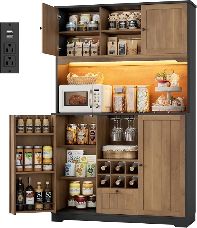 FINETONES 71" Pantry Cabinet with LED Light and Charging Station, Kitchen Pantry Cabinet with Microwave Stand, Kitchen Hutch Food Storage Cabinet with Outlet and Wine Racks, Black/Brown