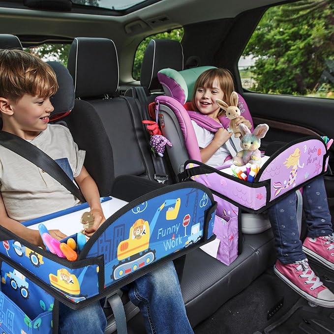 2PCS Kids Travel Tray for Airplane - Toddler Car Seat Table Tray, Road Trip Essentials for Boys & Girls, Carseat Lap Desk for Kids Road Trip Activities (Dark Blue Car/Purple Mermaid)
