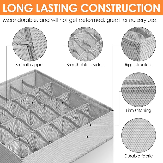 6 Pack Sock Underwear Drawer Organizer Dividers, 58 Cell Foldable Fabric Dresser Closet Organizers and Storage Bins for Clothing, Baby Clothes, Bra, Panty, Scarf, Ties (Grey)