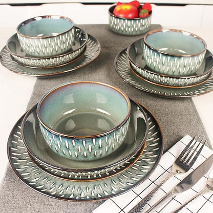 Dinnerware Sets 16 Pieces - Round Reactive Glaze Tableware - Kitchen Dinnerware Porcelain Crockery with Dinner Plate, Bowl and Soup Plate Service for 4, Microwave Dishwasher Safe, Set No.1
