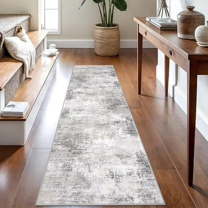 IOHOUZE Abstract Runner Rug 2x8 Ft Washable Runners for Hallways, Non Slip Kitchen Runner Printed Faux Wool Entryway Runner Indoor, Modern Abstract Floor Carpet for Hall Kitchen Bedroom, Grey Beige