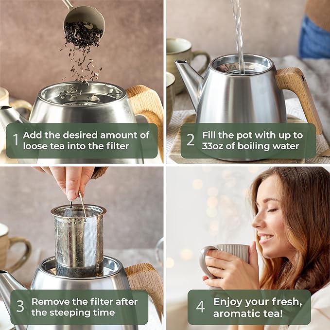 WALDWERK Tea Pot with Infuser - Double Wall Stainless Steel Teapot - Tea Pot with Infuser for Loose Tea - Made from 304 Stainless Steel and Oak Wood - Isolated Teapot with Strainer - 100% Drip Free