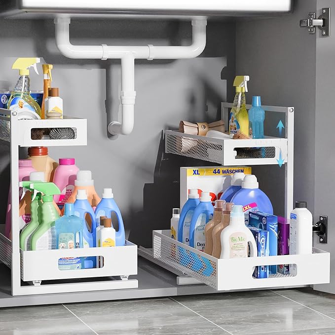 Full Metal Under Sink Organizer, Pull Out Cabinet Organizers and Storage, Silk-Smooth Sliding Drawer for Kitchen, Bathroom, Pantry, Cabinet, Closet (White, 2 Pack)