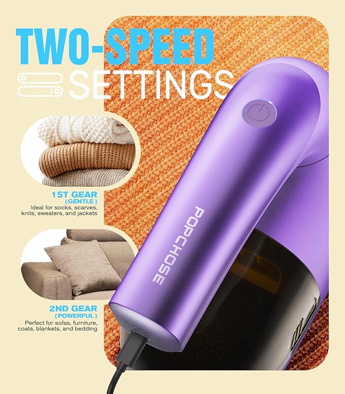 POPCHOSE Fabric Shaver, Lint Remover for Clothes, Lint Shaver with 6-Leaf Blades, 2 Speed Sweater Shavers to Remove Pilling for Clothing, Couch, Furniture, Fuzz, USB Rechargeble, Purple