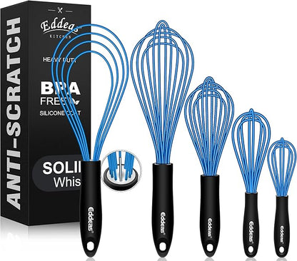 Silicone Whisk, Non Scratch Whisk for Cooking, 5+7+9+11in Balloon Whisks, Suitable for Mixing, Blending. 11in Flat Whisks great for Ceramic Coated pans and Wider shallower pots. (Blue)