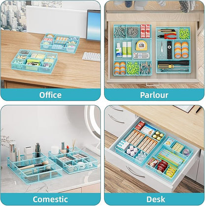 Marbrasse 2 Pack Desk Drawer Organizer, Mesh Drawer Organizer Tray with 8 Adjustable Compartments, Desk Organizers and Accessories, 5 Dividers Drawer for Office Supplies, Makeup & Vanity (Blue)
