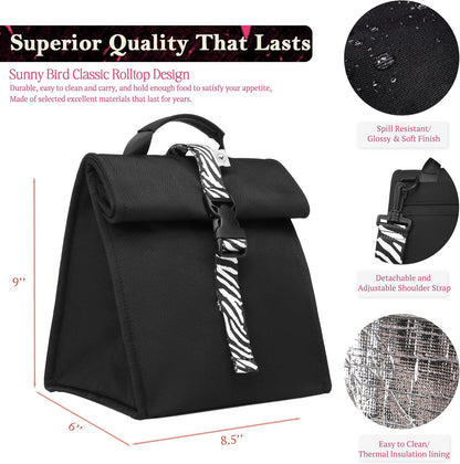 SUNNY BIRD Insulated Lunch Bag Rolltop Lunch Box Tote Bag for Women, Men, Adults and Teens (Black with white strap)