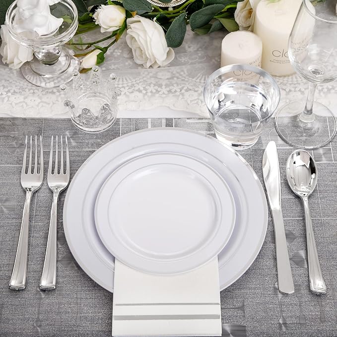 NOCCUR 700PCS Silver Plastic Plates Disposable for 100 Guests - Include 100 Dinner/Dessert White Plastic Plates with Silver Trim,300 Cutlery,100 Cups,100 Napkins for Party&Christmas