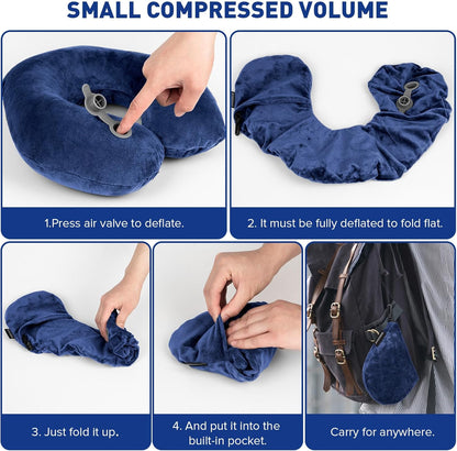 Rewondah Neck Pillows for Travel, Inflatable Travel Pillow, Inflatable Neck Pillow for Traveling Airplane with Soft Velour Washable Cover, Blow Up Neck Pillow for Airplanes Train Travel, Blue