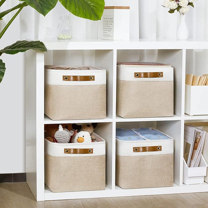 DULLEMELO Fabric Storage Bins for Laundry, Home, Foldable Storage Baskets for Shelves, Toys, Collapsible Storage Bins for Office, Closet,Bedroom(White&Khaki,15"x11"x9.5",4-Pack)