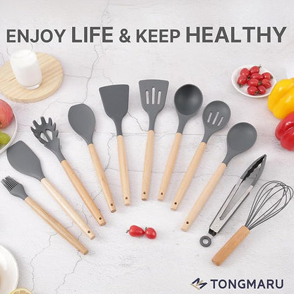 Silicone Cooking Utensils Set, Premium Beech Wood Handle Kitchen Gadgets Utensil Set, Non-Stick Kitchen Utensils Spatula, Tongs, Turner, Whisk, Brush, Spoon, BPA FREE, 446°F Resistant (Dark Gray)