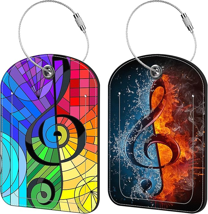 Treble Clef Luggage Tag for Suitcase Set of 2 PU Leather Cute Luggage Tags with Stainless Metal Loop ID Label Privacy Flap Suitcase Tags for Women and Men Travel