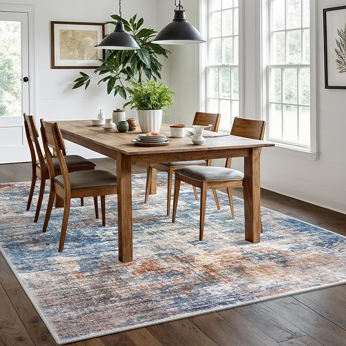 IOHOUZE Abstract Area Rugs 6x9 Ft Washable Rugs for Living Room, Non Slip Dining Room Rug, Printed Faux Wool Rugs for Bedroom, Floor Carpet for Office Nursery Playroom, Blue Rust