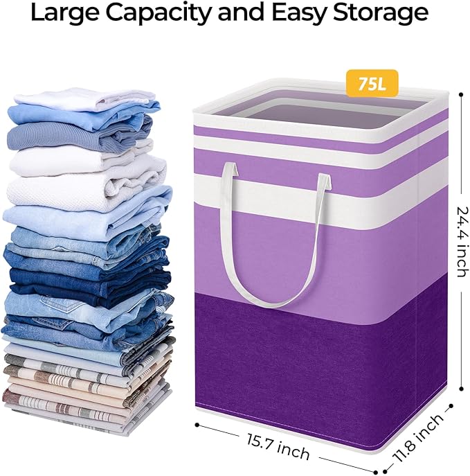 HomeHacks 2 Pack Large Laundry Baskets, Waterproof, Freestanding Laundry Hampers, Collapsible Clothes Hamper with Reinforced Handles in Laundry, College Dorm, Bathroom, Bedroom (Purple, 75Lx2)