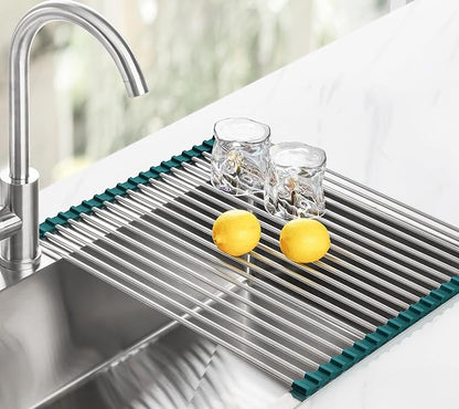 Tomorotec Stainless Steel Roll Up Dish Drying Rack, Foldable Over The Sink Rolling Drainer Rack, Multipurpose Kitchen Gadget Draining Caddy Organizer, Space Saving Sink Accessory Storage Shelf Holder