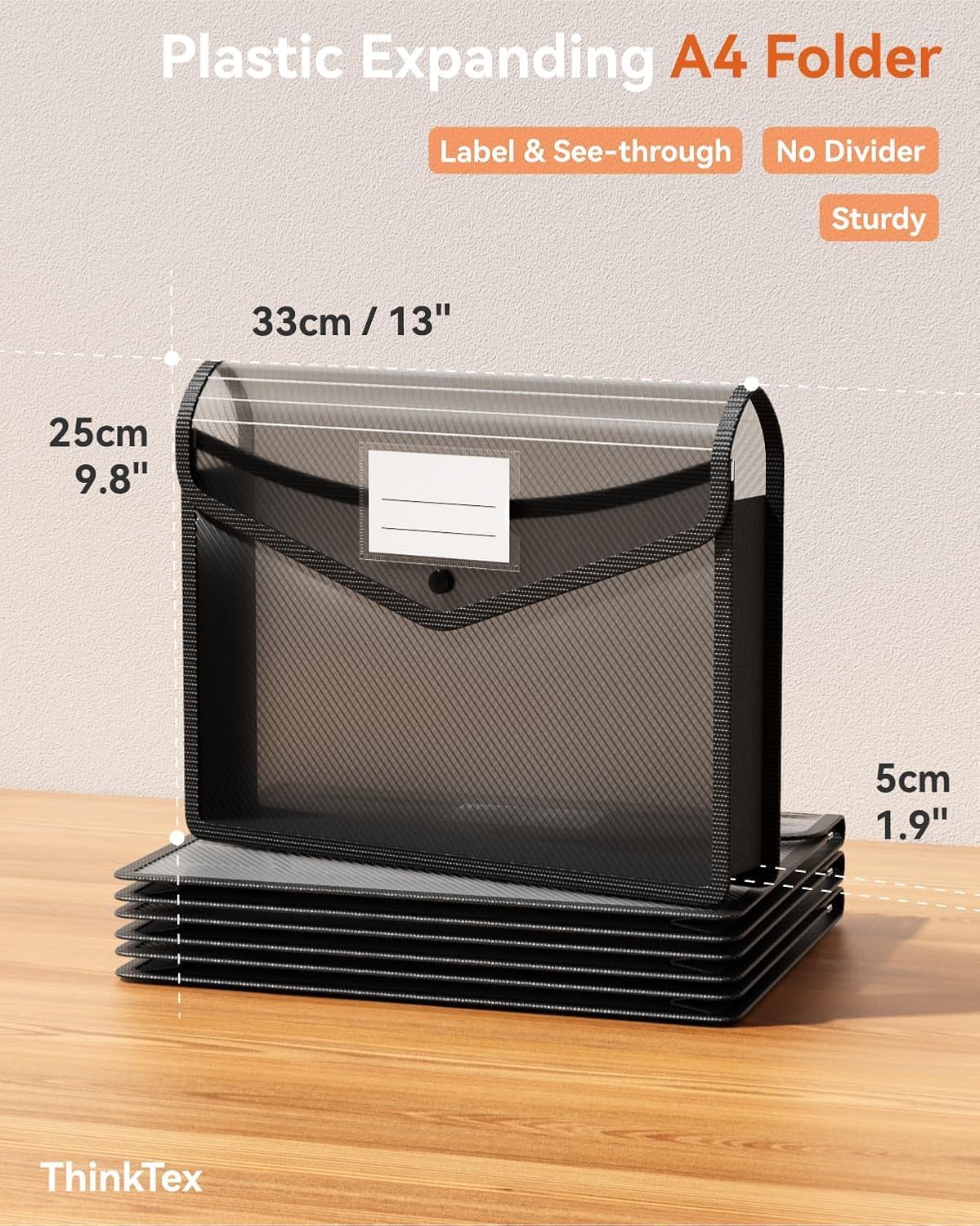 ThinkTex Plastic Expanding File Folder, Transparent envelopes with Snap Closure, Home &Office&School & Hospital No Dividers, Large Capacity, Clean envelopes, Fit Letter/A4 Size - 10 Pcs