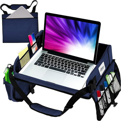Travel Lap Desk, Travel Tray, Portable Lapdesk for Car, Remote Work, Road Trips, School, Laptop Pad with Storage Pocket, Tablet Holder, Shoulder Strap, Fits up to 15.6-Inch Laptop (Navy)