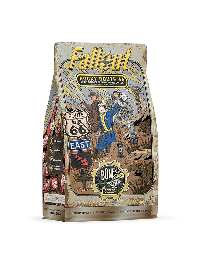 Bones Coffee Company Fallout Rocky Route 66, Rocky Road Flavored Coffee, Medium Roast Low Acid Arabica Beans Compatible with Auto drip and French Press Coffee Maker, 12 Oz Whole Bean