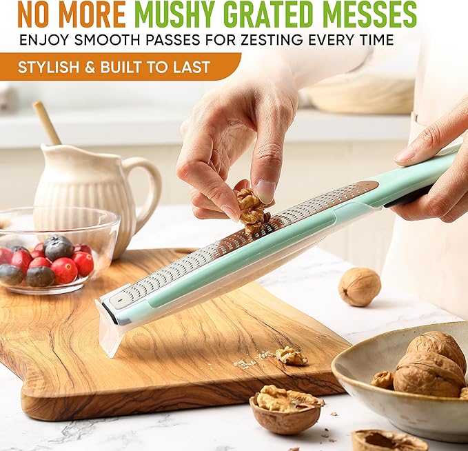 Spring Chef Premium Lemon Zester Grater with Handle - Fruit, Garlic, Lime, Orange, Nutmeg, Garlic Grater - Heavy Duty Kitchen Tool - Stainless Steel Citrus Zester with Blade Cover - Fine Shred, Mint