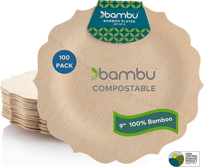 Bambu Pack of 100-9 Inch Disposable Bamboo Plates Fancy, Biodegradable Eco Friendly Products, Bamboo Disposable Plates for Party, Weddings, and Events, Great For Any Occasion - Bulk Case