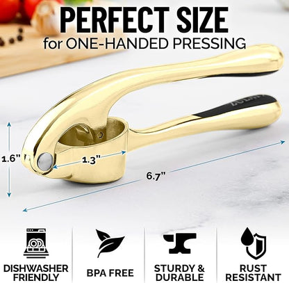 Zulay Kitchen Premium Garlic Press with Soft, Easy to Squeeze Handle - Includes Silicone Garlic Peeler & Cleaning Brush - 3 Piece Garlic Mincer Tool - Sturdy Easy to Clean Garlic Crusher (Gold)