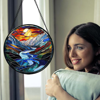 Stained Glass Window Hanging, Canyon Mountains Sunset View Sun Catcher for Window Home Decor Landscape Suncatcher Mother's Day Birthday Gifts for Women Men Mom and Nana 11.8 in