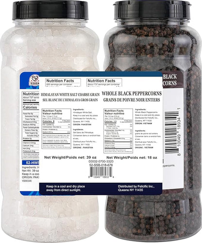 52USA Himalayan White Salt (Coarse Grain) 39 oz + Whole Black Peppercorns 18 oz, Salt and Pepper Grinder, Black Peppercorn Refil, Sea Salt for Grinder Refill