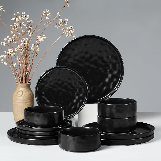 HaWare Dinnerware Sets, 12-Piece Plates and Bowls Set, Matte Black | Stoneware