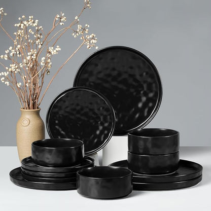 HaWare Dinnerware Sets, 12-Piece Plates and Bowls Set, Matte Black | Stoneware