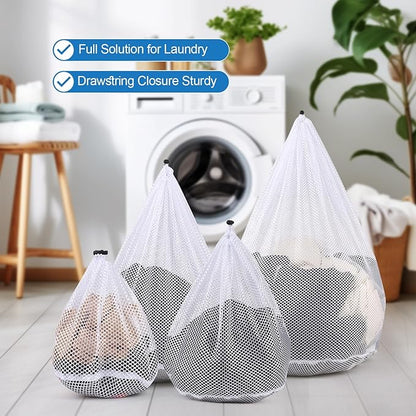 4Pcs Mesh Laundry Bags Washing Machine Mesh Wash Bags for Clothes,Underwear,Lingerie, Bed Linen with Drawstring Closure Sturdy(4 Size)
