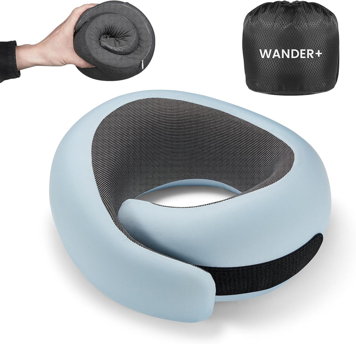 WANDER PLUS® Genuine Travel Pillow, 100% Pure Memory Foam Neck Pillow for Airplanes, Comfortable Breathable Cover, 360° Support Stowable Pillows for Sleeping, Car, Airport Travel Essentials Sky Blue