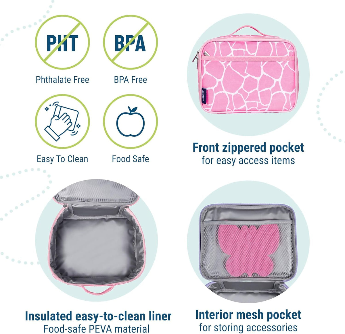 Wildkin Kids Insulated Lunch Box – Durable and Reusable for School & Travel - Pink Giraffe