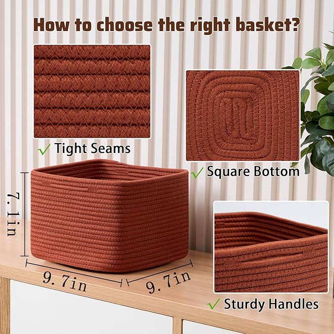 Small Organizing Baskets for Cubes Shelf, 9.7x9.7x7.1 Inch Rope Woven Storage Bins for Nursery Shelves Storage, Cute Toy Basket, Square 3 Packs Oxide Red