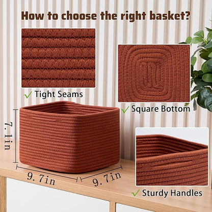 Small Organizing Baskets for Cubes Shelf, 9.7x9.7x7.1 Inch Rope Woven Storage Bins for Nursery Shelves Storage, Cute Toy Basket, Square 3 Packs Oxide Red