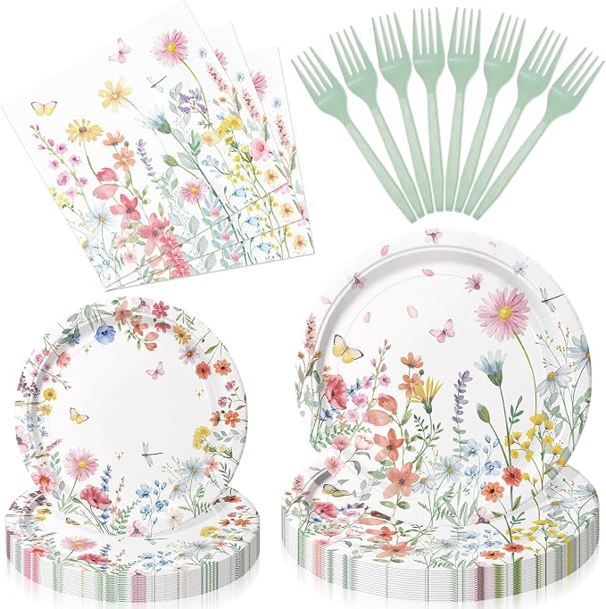 96 Pieces Spring Wildflower Floral Tableware Set – Garden Flower Disposable
