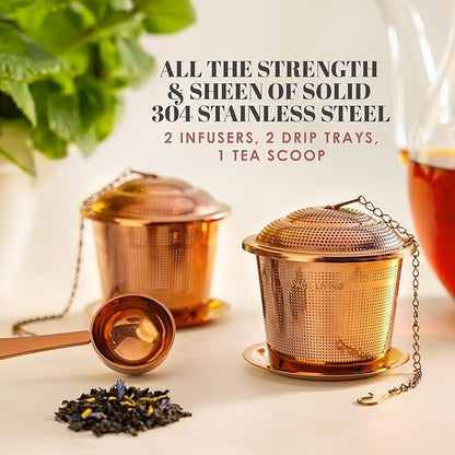 Tea Infuser (Set of 2) with Tea Scoop and Drip Dray - Ultra Fine Tea Strainer for Loose Leaf Tea - Stainless Steel Tea Steeper for a Superior Brewing Experience