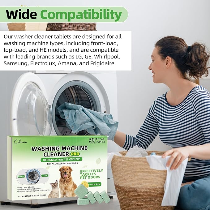 (30-Pack) Washing Machine Cleaning Tablets, Formulated for Pet Owners, Washer Cleaner, for Front-Loaders, Top-Loaders, HE Machines, Easily Removes Residue, Septic Safe, Over a 12-Month Supply