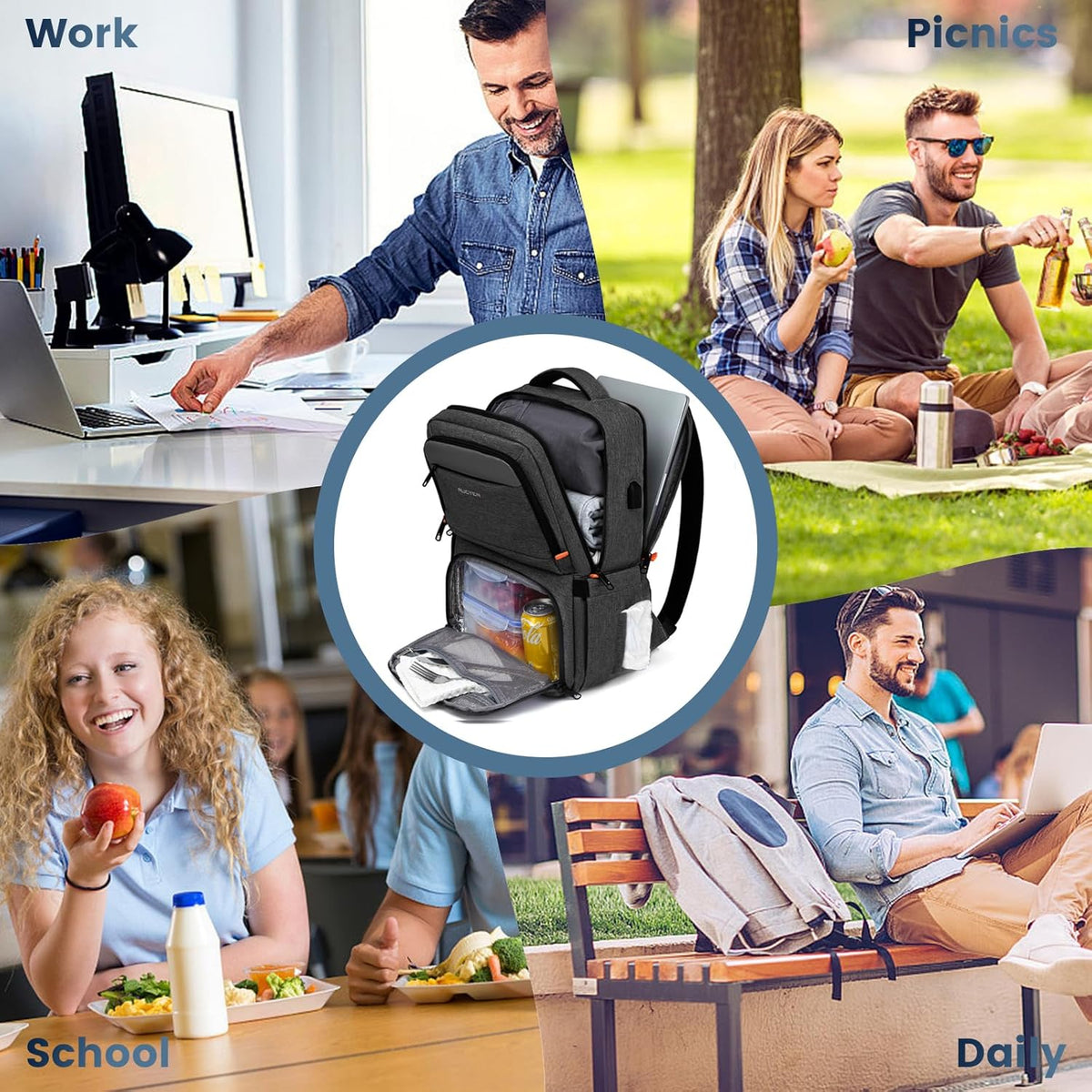 Lunch Backpack, Insulated Cooler Backpack Lunch Box for Men Women, 15.6 Inches RFID Blocking Laptop Backpack with USB Port Lunch Bag for Work Travel Black