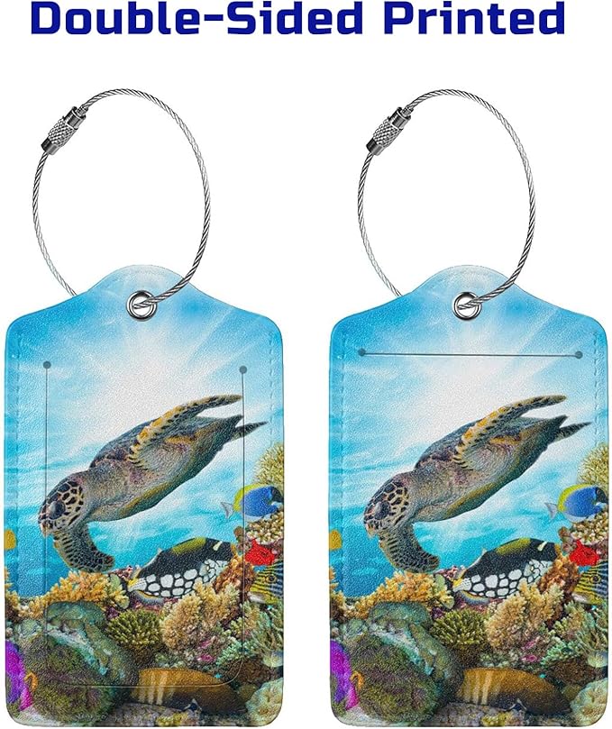 2 Pack Sea Turtle Luggage Tag for Suitcases, Cool Leather Suitcase Labels with Full Privacy Cover Id Name Card and Stainless Steel Loop, Funny Travel Identifiers Tags Luggage for Women Men Baggage