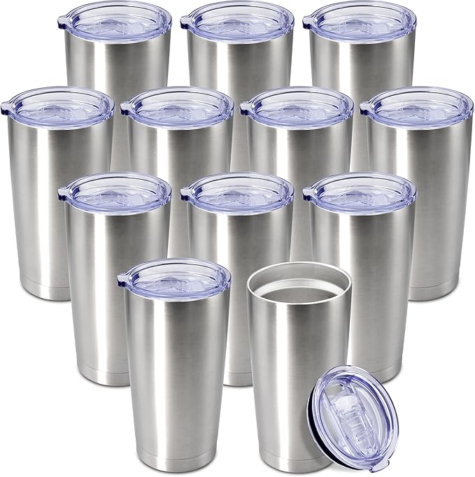 20 oz Tumbler Coffee Tavel Tumblers Bulk with Lid Stainless Steel Double Wall Vacuum Insulated Mug Powder Coated Cups fit Car Cupholder for Hot and Cold - Stainless Steel, 12Pack