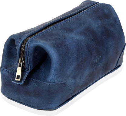 HLC Leather Toiletry Bag for Men - Best Gift for Men - Premium Genuine Leather Dopp Kit Shaving Kit Organizer Travel Kit Pouch Bag for Men - Large Size (blue)