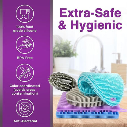 Silicone Dish Scrubber Sponges (5-Pack) - Dual-Sided Silicone Scrubbers and 1 Bottle Stick Brush - Food Grade Kitchen Scrubbers for Dishes - BPA-Free Sponges